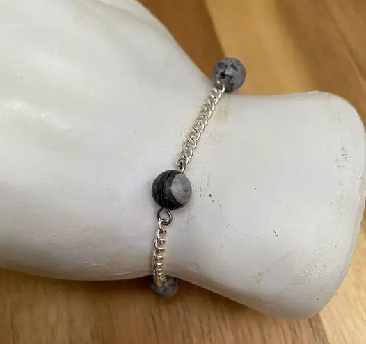 New Handcrafted Tin Cup Black Flash Agate Necklace and Bracelet Jewelry Set Silver