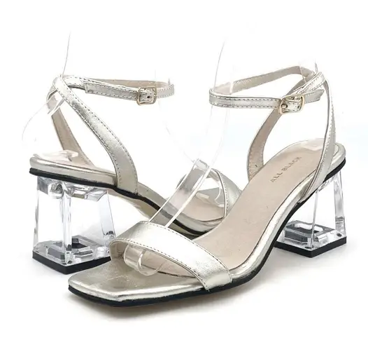 All Black Crystal Lady Sandal Size EU 37 | US 6.5 Platinum Leather Lucite Heel Silver