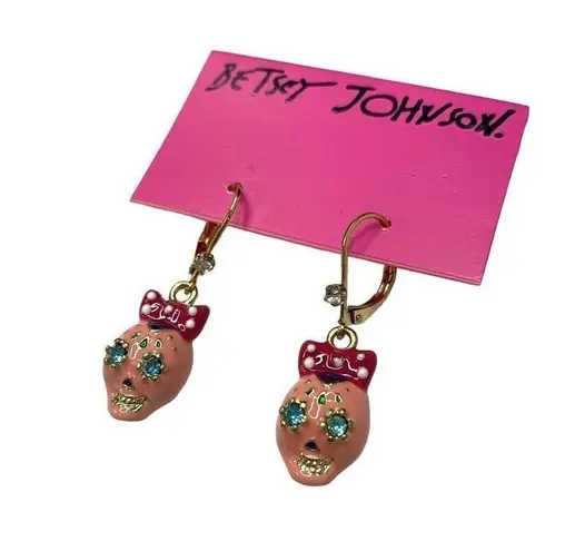 Betsey Johnson NWT  Gold Tone Pink Sugar Skull with Pink Bow Dangle Earrings