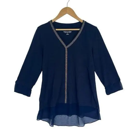 Soft Surroundings Womens M Beaded V Neck 3/4 Mesh Sleeves Hem Dressy Dark Teal