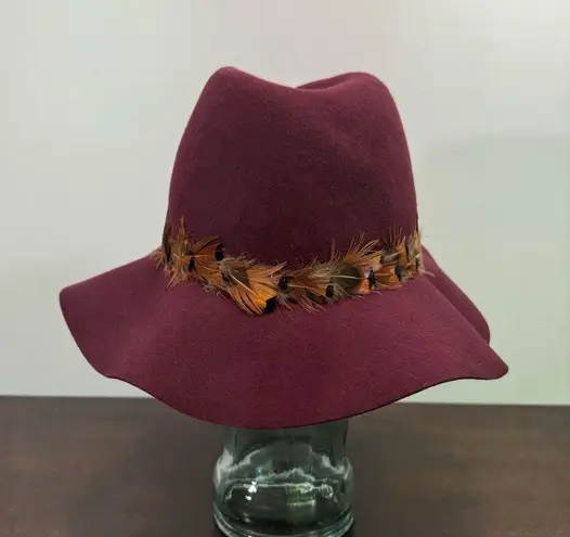 American Eagle  100%  Wool Felted Burgundy Boho Floppy Hat Feathers Indie Chic OS