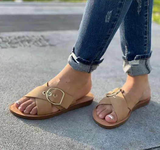 Nude/Natural Criss Cross Adjustable Buckle Sandal Tan Size 6