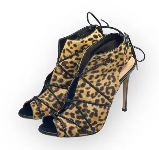 Gianvito Rossi 𒀭 Open Toe Stiletto Heel Bootie 𒀭Leopard Print Calf Hair 𒀭40