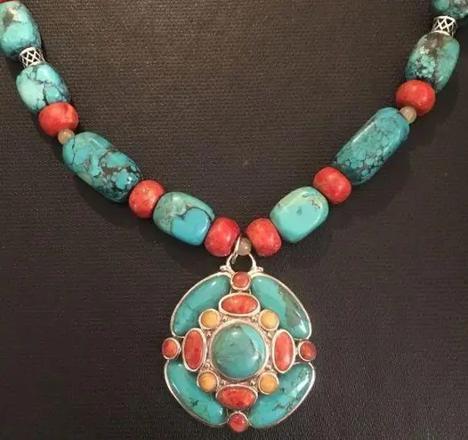 BARSE Turquoise Coral and Citrine Necklace