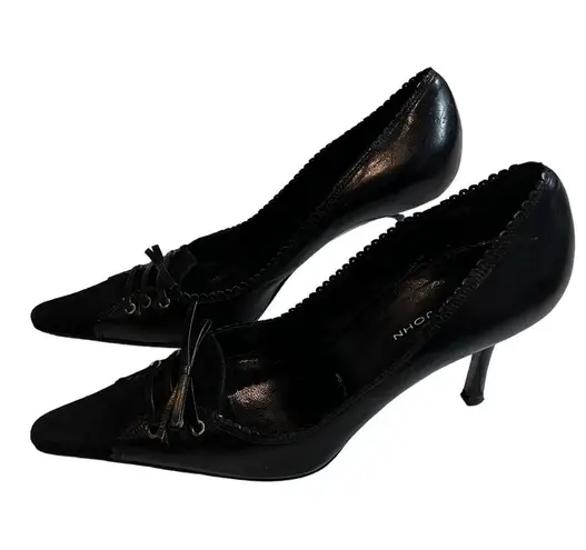 St. John Corset Heels Black Leather and Suede Stiletto, Sz 7