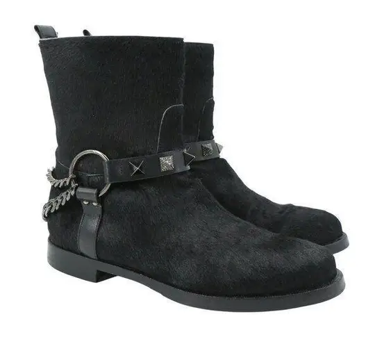 Le Silla Black Leather Studded Chains Pony Hair Biker Boots 38 US 8