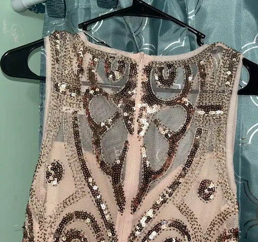 Vvm Curve Formal Dress. Size Medium. Rose Gold. Sheer Top. NWT. Has Stretch Gold