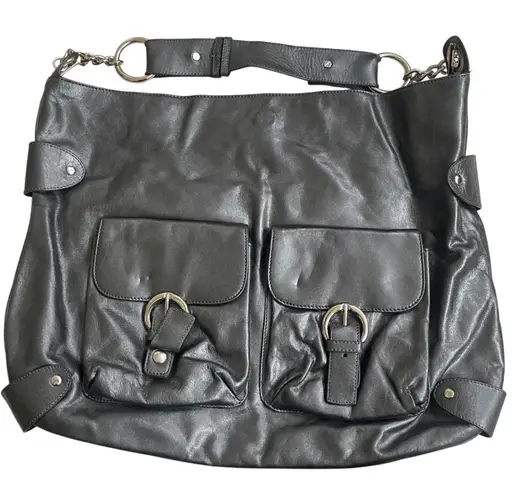 Kate Landry Black cowhide EUC Leather Hobo Shoulder Bag Silver Buckle