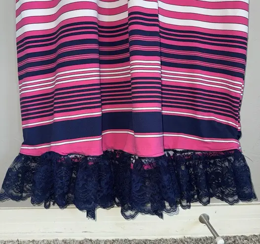 J. McLaughlin Striped V Neck Maxi Dress Pink White Blue Size M Lace CUSTOMIZED