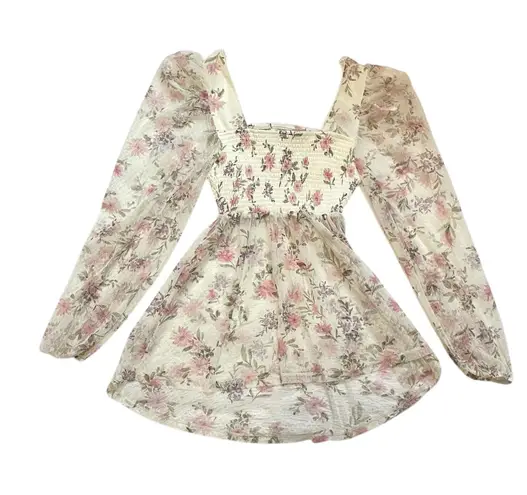 Square neck floral print sweet coquette sheer long sleeve top Pink Size L