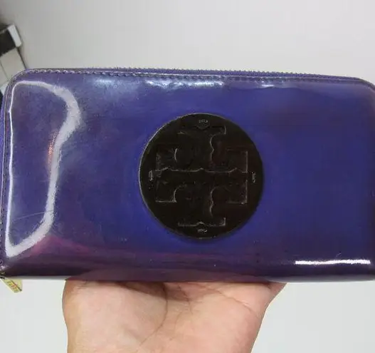 Tory Burch  Patent Leather Zip Around Continental Logo Wallet Purple Black