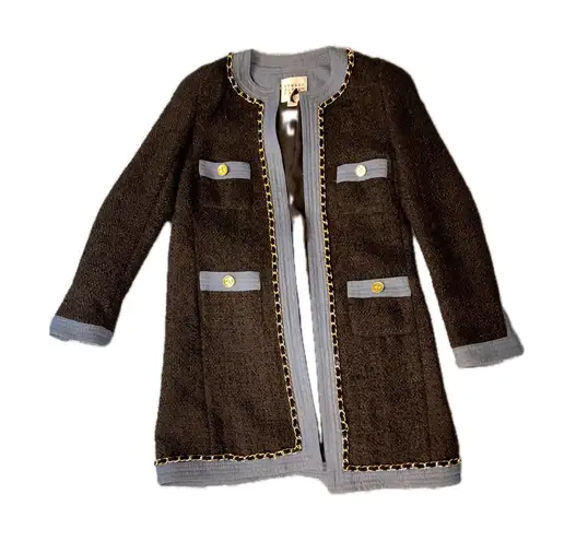 EDWARD ACHOUR PARIS Tweed Chain Trim Blazer Light Blue Trim Gold Buttons size S Brown