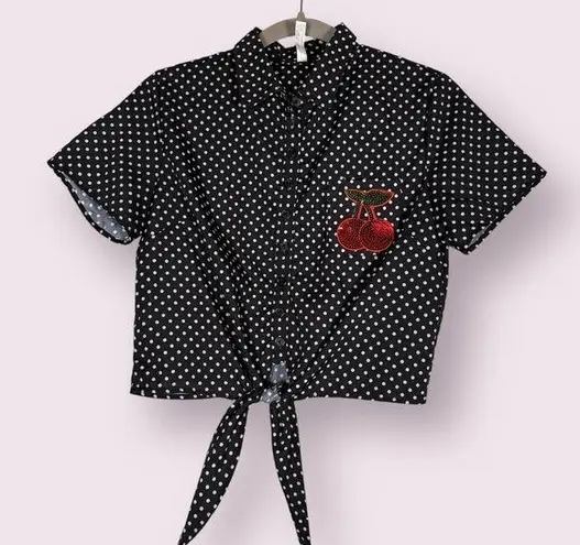 Costumes USA Retro Black and White Polka Dot Sequin Cherry Tie Crop Top Size M