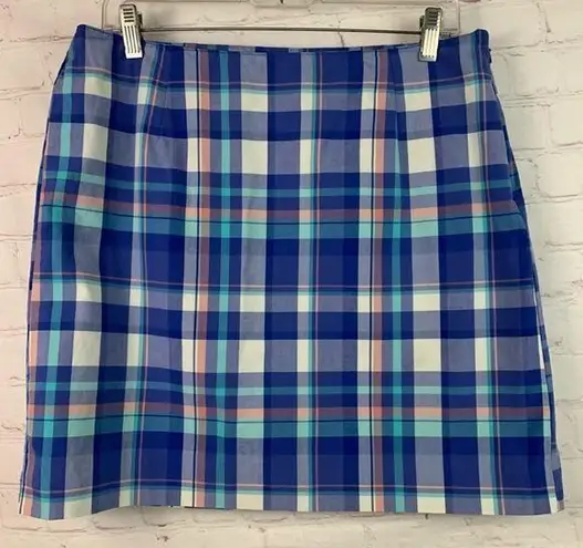 L.L.Bean  madras plaid Favorite Fit Skirt side zipper Size 12 Petite blue pink