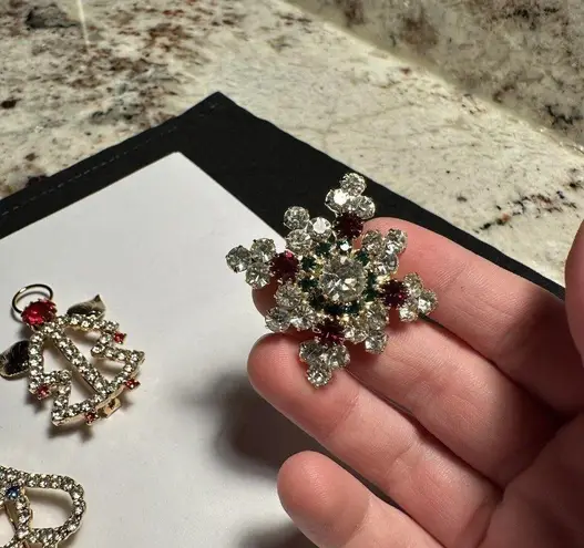 Lot Of 3 Prong Set Rhinestone Holiday Brooch Pins Christmas Tree & An Angel