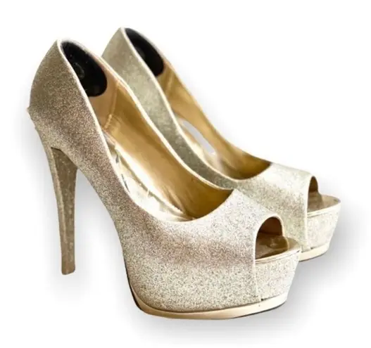 Speed Limit 98 Womens Gold Shimmer Glitter Open Toe Pumps Heels - Sz 8