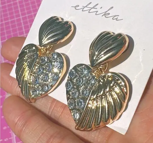 Ettika earrings gold tone half wings half diamonds paved heart shade drops