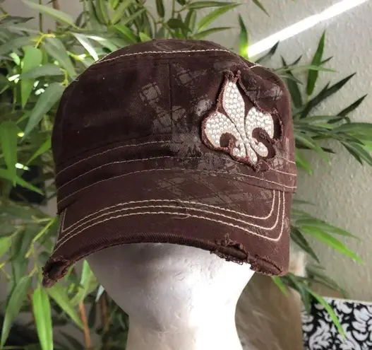 2000s y2k chocolate decal studded rhinestone fleur de lis hat cap