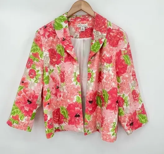 kim rogers Petite 100% linen pink floral open front lightweight blazer jacket L