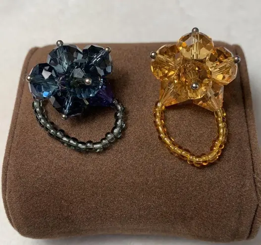 Set of Two Handmade Crystal Beaded Rings One in Amber One in Gray / Blue / Black