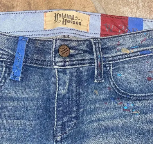 Holding Horses Paint Splatter Design Distressed Skinny Jeans, Size 26 Petite