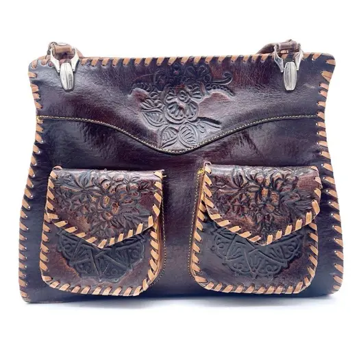 Vintage Tooled Leather Purse Made in Syria Brown Shoulder Bag Western Boho
