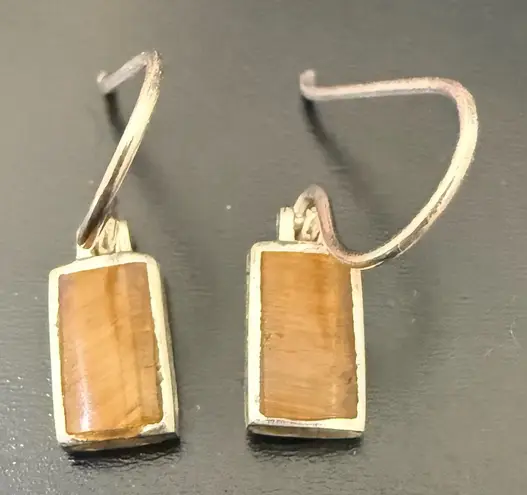 Vintage SU 925 Sterling Silver Tigers Eye Small Dangling Earrings 1.7g.