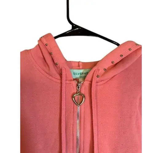 Silver Wear Pink Long Sleeve Hooded Studded Trim Sweat Jacket Women Sz L Size L