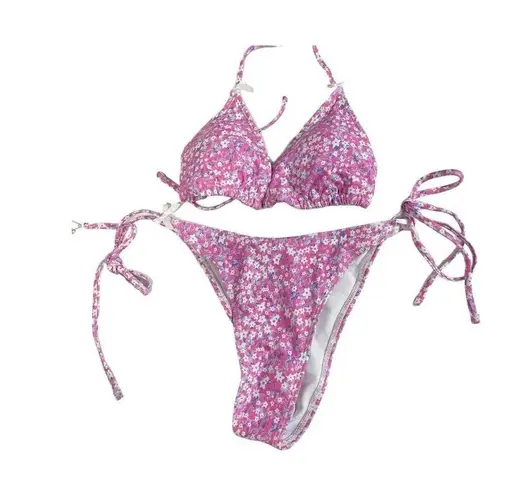 SheIn Pink Purple Floral Flowers Bikini Set Size M Triangle Top High Rise NEW