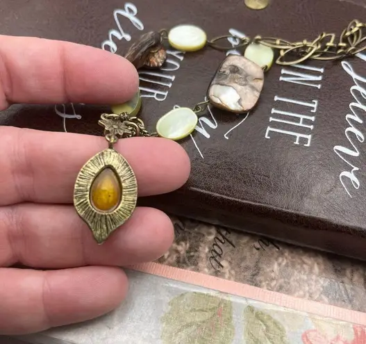 Vintage Handcrafted Beaded Faux Tiger Eye Shell Antique Brass Necklace 21”