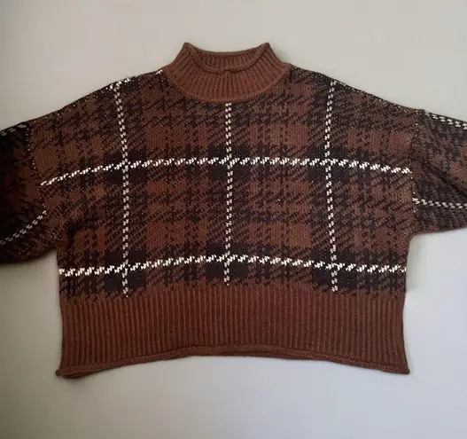 Arizona Jeans ARIZONA Women’s Brown Plaid Mock Neck Long Sleeve Cozy Sweater