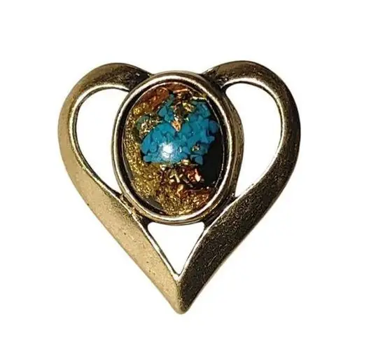 Vintage Lapel Pin Tie Tack Gold Flake Teal Tone Heart Pin Blue Goldstone Center