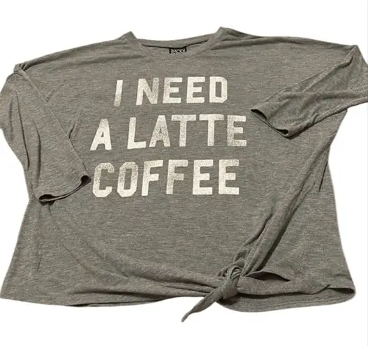 Modern Lux size smallādistressed grey āI need a latte coffeeā tie front top EUC - Image 1