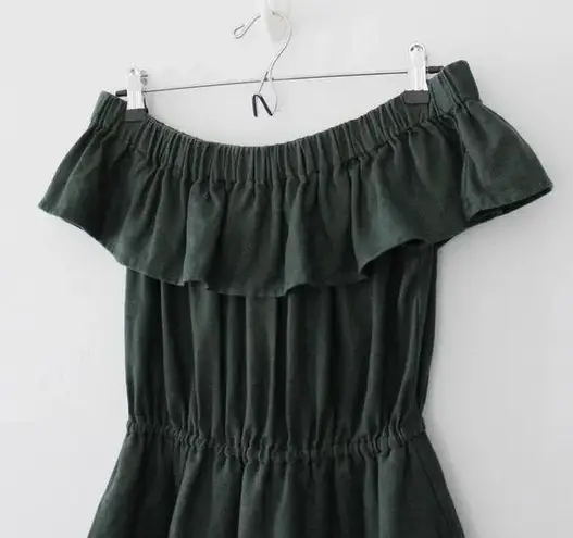 SIR The Label / Revolve Stefi Linen Off Shoulder Ruffle Mini Dress in Dark Olive