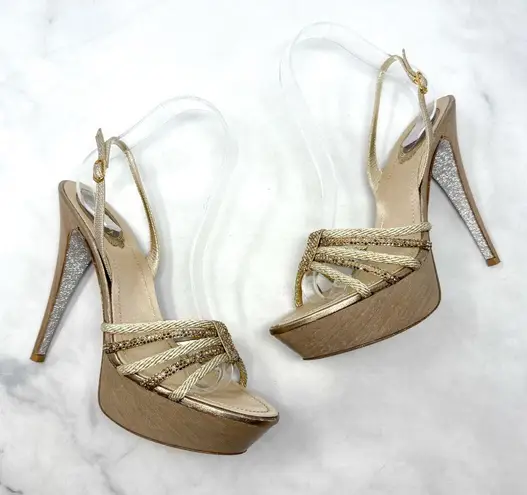 Rene Caovilla Silk Rhinestone Embellished Strappy Slingback Platform Sandal Heel Tan Size 9