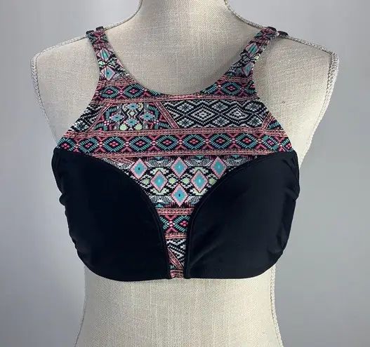 Trillium Halter Neck Black Geometric Tribal Print Swim Bikini Top Size Large