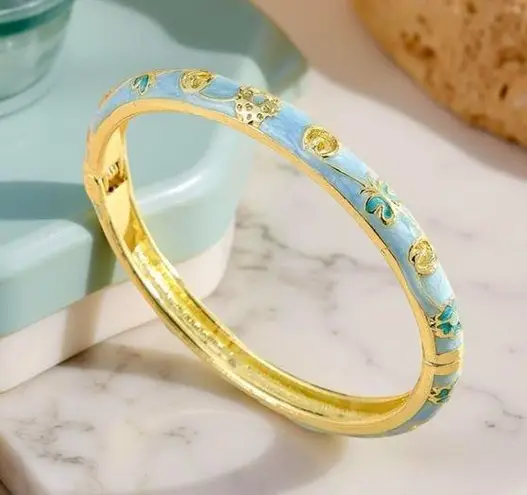 Blue Butterfly & Floral Theme Enamel Hollow Out Cloisonne Bangle Gold