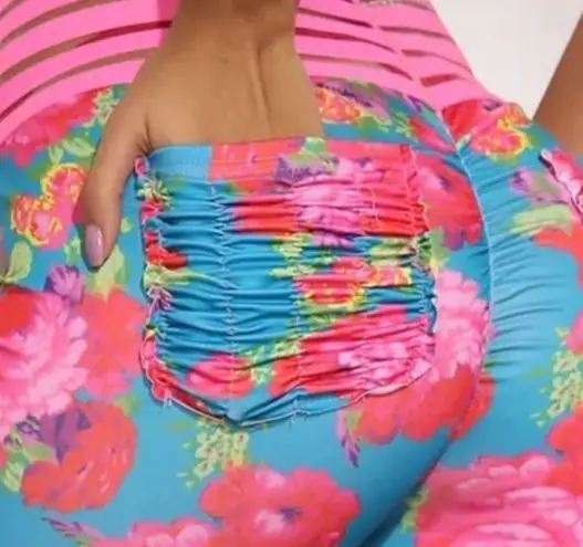 Tik Tok Y2K Scrunch Bum Boutique Stretch Booty POP Leggings Pink Mesh Waist Flor