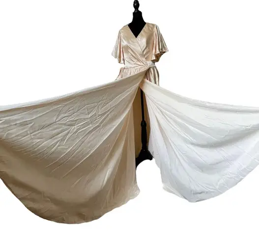 Luxury Champagne Satin Bridal Bridesmaid Formal Glam Wrap Floor Length Dress Size M