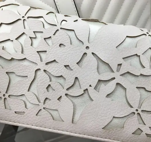 Bebe  Blush on Shiny Champagne Crossbody Laser Cut