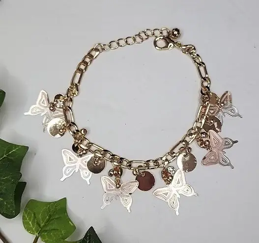 Gold Figaro Chain Anklet Bracelet with Tricolor Gold Butterfly Charms