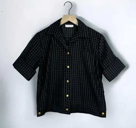 Mode O ' Day Vintage 60s 70s Black & Gold Textured Short Sleeve Boxy Crop Top