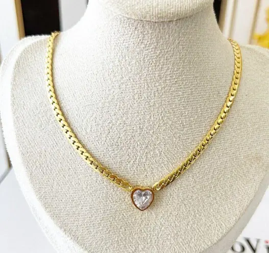 18K Gold Plated snake chain Zircon Heart Necklace Stainless Steel Womens jewelry