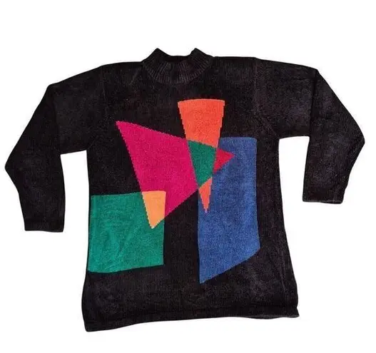 VTG Super 80s Richard & Co Black Acrylic Sweater w/ Color Block Sz L Size L