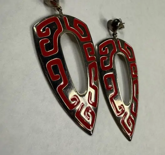 Retro Red and Silver Color Metal Dangle Earrings Pierced Post Aztec Tribal