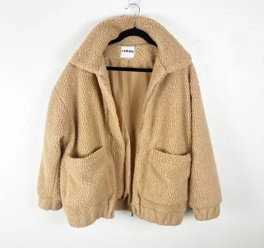 I am gia I.AM.GIA Tan Pixie Sherpa Long Sleeves Full Zipper Pockets Lined Teddy Coat