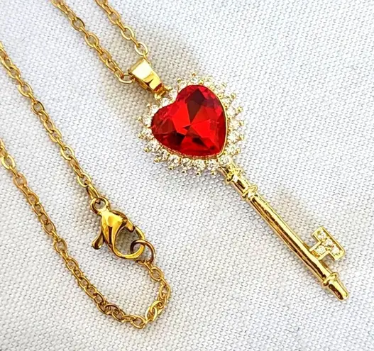 Gold Chain Necklace with Red CZ Heart Key Pendant