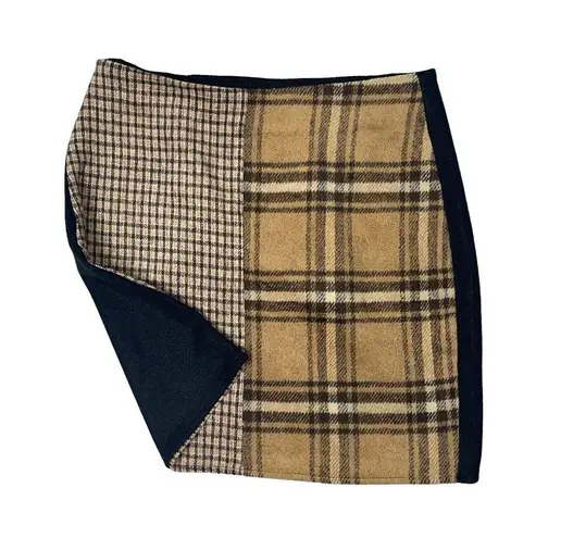 SheIn Split Design Tartan Plaid Checkered Solid Back Mini Skirt Large Tan Black