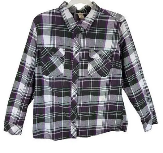 Duluth Trading Purple Black White Plaid Cotton Blend Button Up Flannel Shirt L Size L