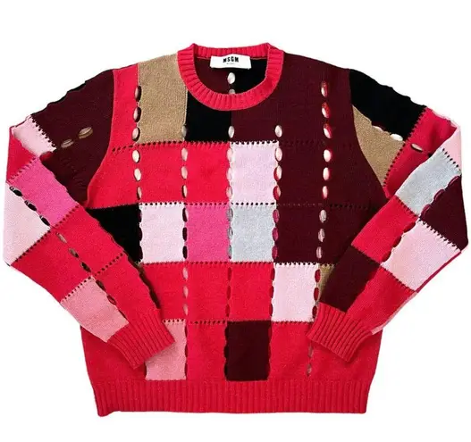 MSGM Patchwork Perforated Wool Blend Crewneck Sweater Pink Size XL